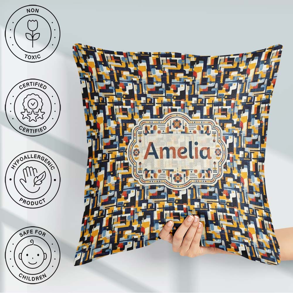 Custom Name Bold Navy Mustard Abstract Geometric Lines Seamless Square Filled Cushion Throw Pillow Sofa Bed Home Decor Zip Washable UK Made