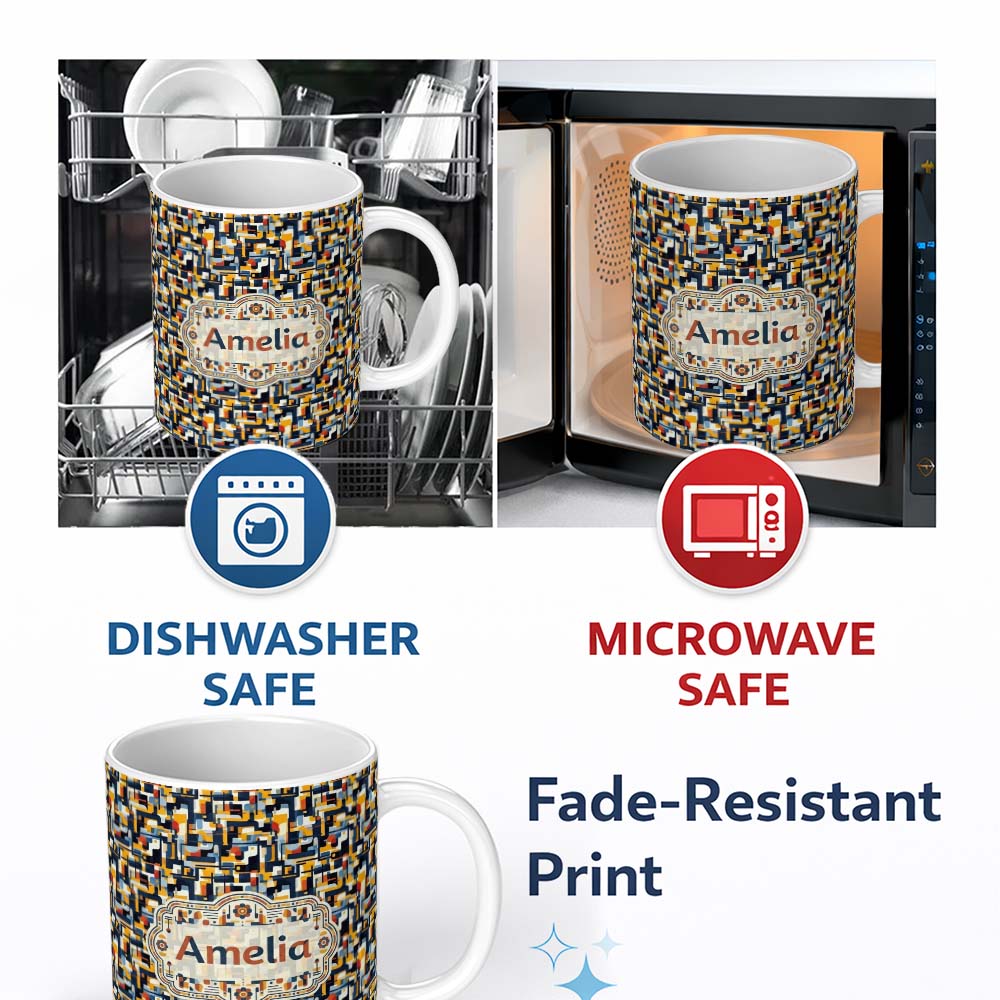 Personalized Custom Name Bold Navy Mustard Abstract Geometric Lines Seamless Pattern Name 11oz Ceramic Coffee Tea Mug White Large Handle