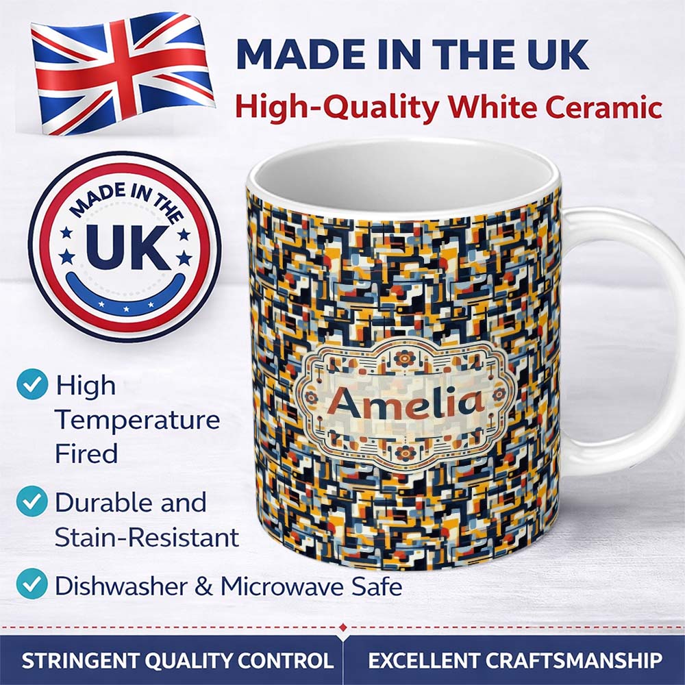 Personalized Custom Name Bold Navy Mustard Abstract Geometric Lines Seamless Pattern Name 11oz Ceramic Coffee Tea Mug White Large Handle