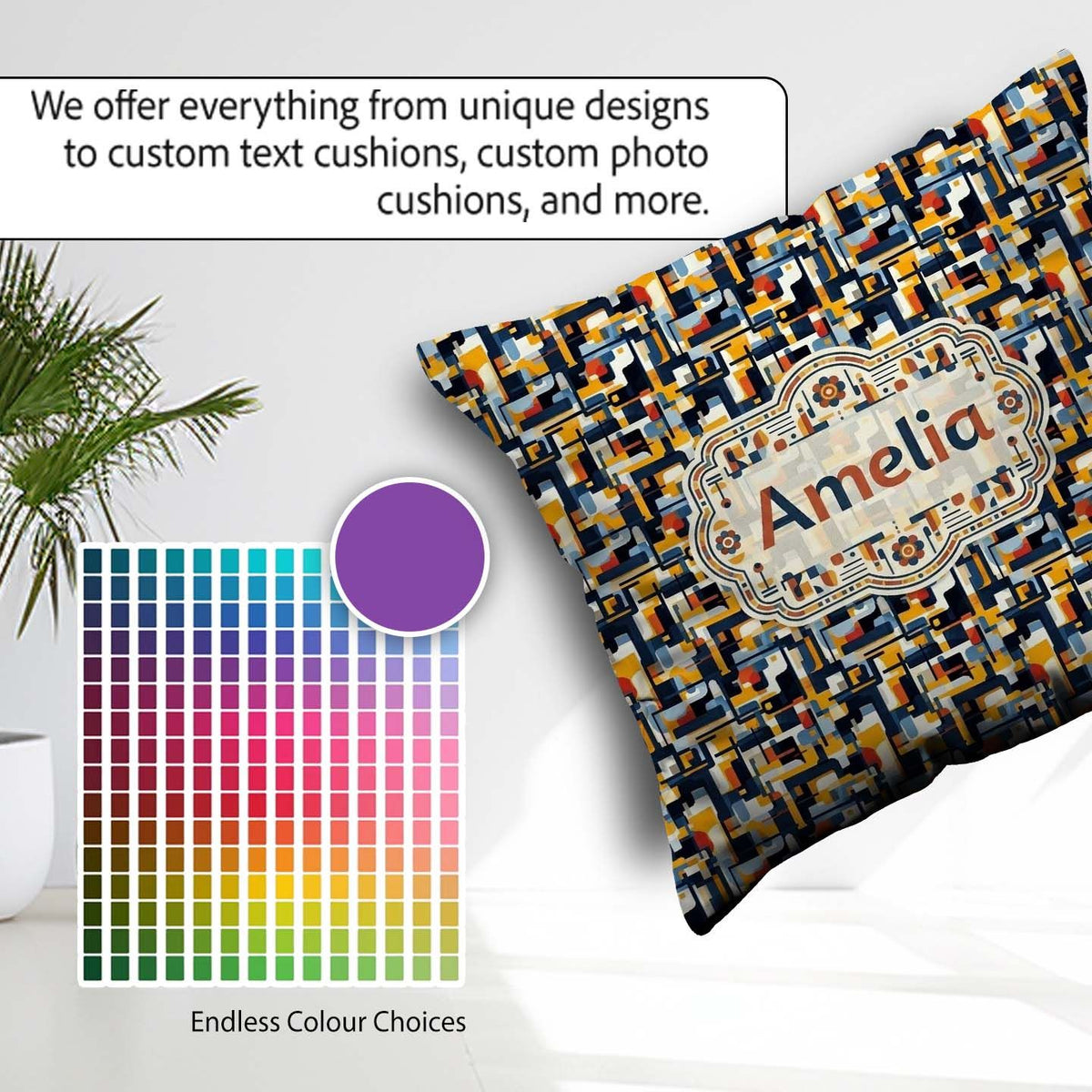 Custom Name Bold Navy Mustard Abstract Geometric Lines Seamless Square Filled Cushion Throw Pillow Sofa Bed Home Decor Zip Washable UK Made