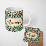 Personalized Custom Name Teal Orange Mid Century Abstract Curved Shapes Seamless Pattern 11oz Ceramic Coffee Tea Mug White Large Handle