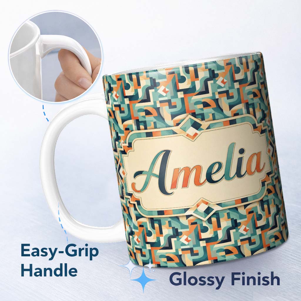 Personalized Custom Name Teal Orange Mid Century Abstract Curved Shapes Seamless Pattern 11oz Ceramic Coffee Tea Mug White Large Handle