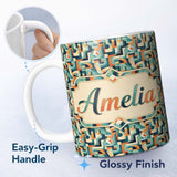 Personalized Custom Name Teal Orange Mid Century Abstract Curved Shapes Seamless Pattern 11oz Ceramic Coffee Tea Mug White Large Handle