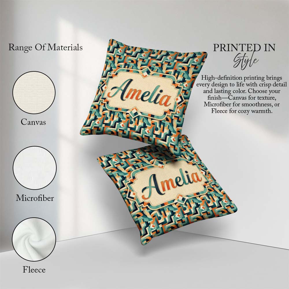 Custom Name Teal Orange Century Abstract Curved Seamless Pattern Square Filled Cushion Throw Pillow Sofa Bed Home Decor Zip Washable UK Made