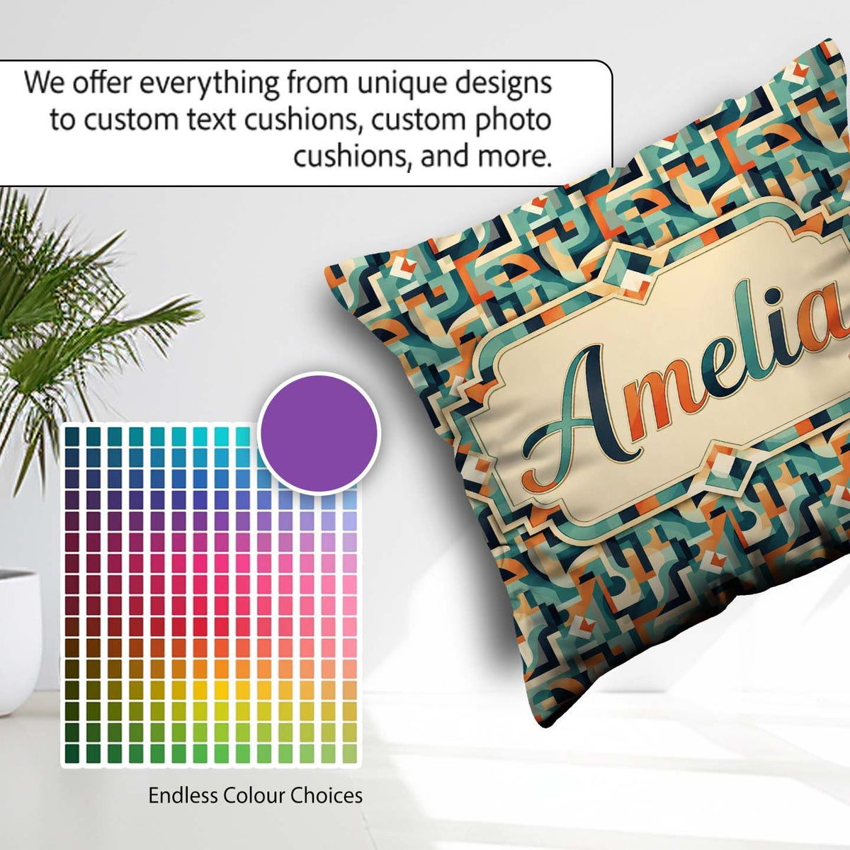 Custom Name Teal Orange Century Abstract Curved Seamless Pattern Square Filled Cushion Throw Pillow Sofa Bed Home Decor Zip Washable UK Made