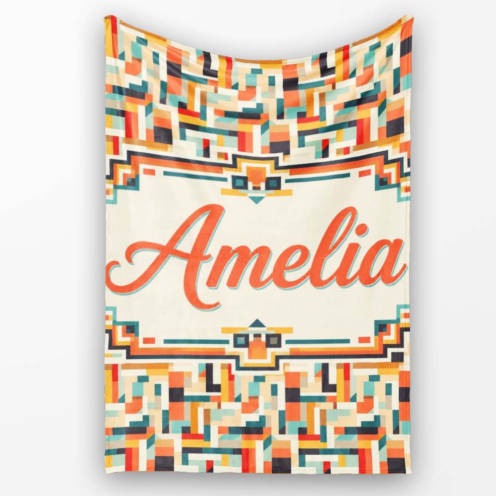 Color Block Geometric Pattern Beige Orange Blue Seamless Design  Personalised Custom Name Super Soft Fleece Blanket Bed Sofa Throw