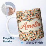 Personalized Custom Name Color Block Geometric Pattern Beige Orange Blue Seamless Design 11oz Ceramic Coffee Tea Mug White Large Handle