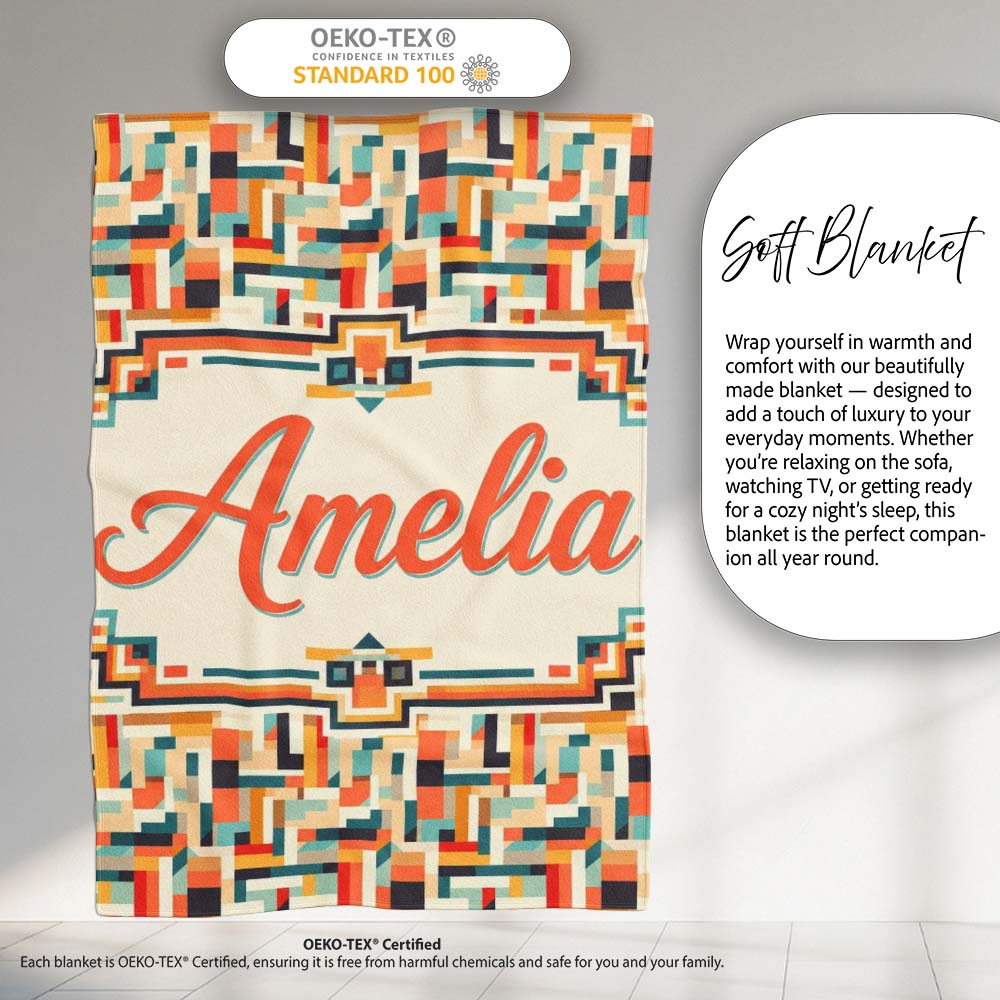 Color Block Geometric Pattern Beige Orange Blue Seamless Design  Personalised Custom Name Super Soft Fleece Blanket Bed Sofa Throw