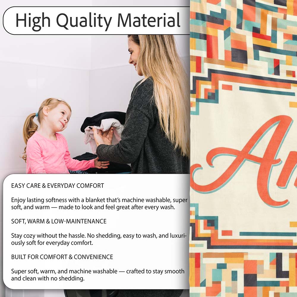 Color Block Geometric Pattern Beige Orange Blue Seamless Design  Personalised Custom Name Super Soft Fleece Blanket Bed Sofa Throw