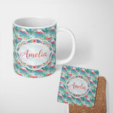 Personalized Custom Name Tropical Pink Flamingo Jungle Leaves Watercolor Seamless Pattern 11oz Ceramic Coffee Tea Mug White Large Handle