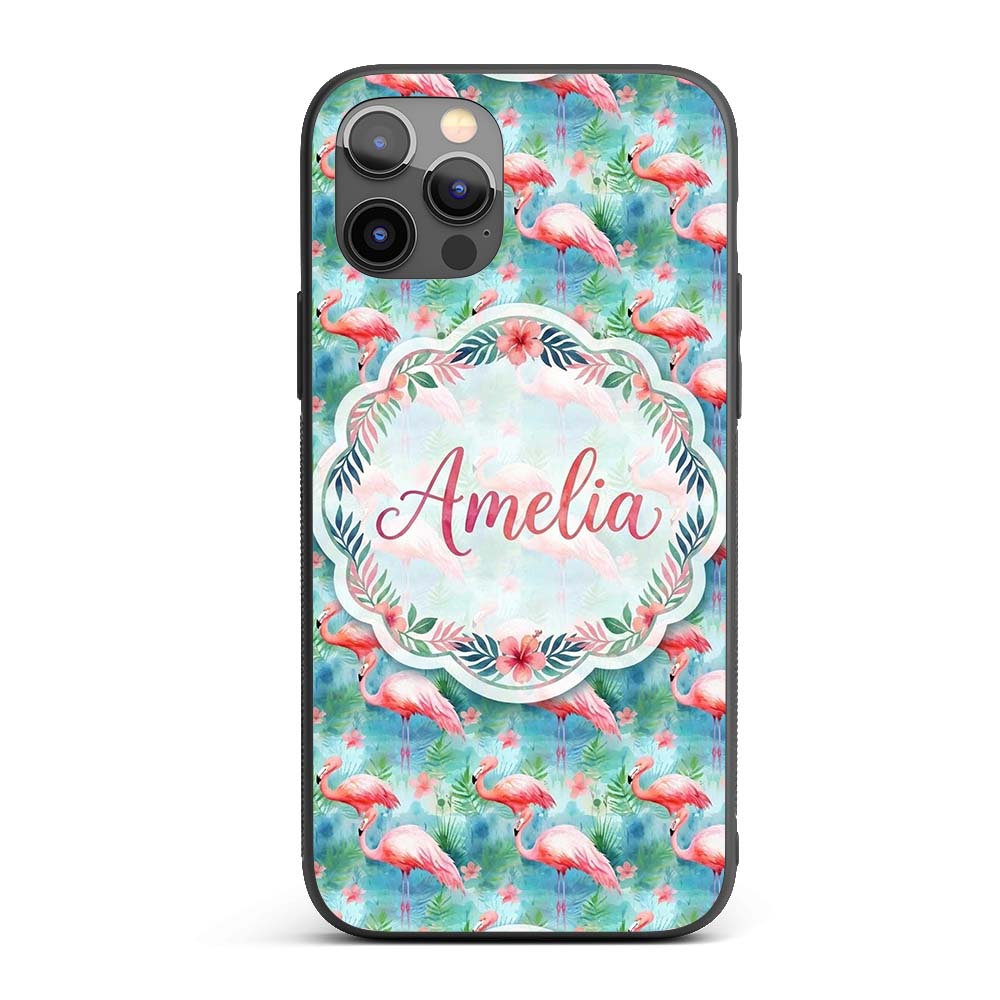 Tropical Pink Flamingo Jungle Leaves Watercolor Custom Name Protective Phone Case Mobile Cover Durable Everyday Smartphone Shock Resistant