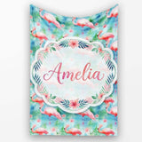 Tropical Pink Flamingo Jungle Leaves Watercolor Seamless Pattern  Personalised Custom Name Super Soft Fleece Blanket Bed Sofa Throw