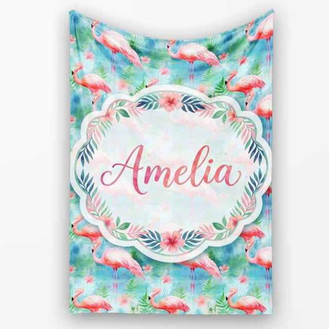 Tropical Pink Flamingo Jungle Leaves Watercolor Seamless Pattern  Personalised Custom Name Super Soft Fleece Blanket Bed Sofa Throw