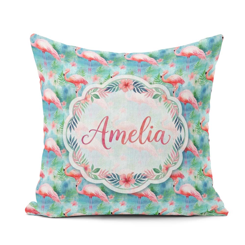Custom Name Tropical Flamingo Jungle Watercolor Seamless Pattern Square Filled Cushion Throw Pillow Sofa Bed Home Decor Zip Washable UK Made