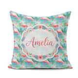 Custom Name Tropical Flamingo Jungle Watercolor Seamless Pattern Square Filled Cushion Throw Pillow Sofa Bed Home Decor Zip Washable UK Made
