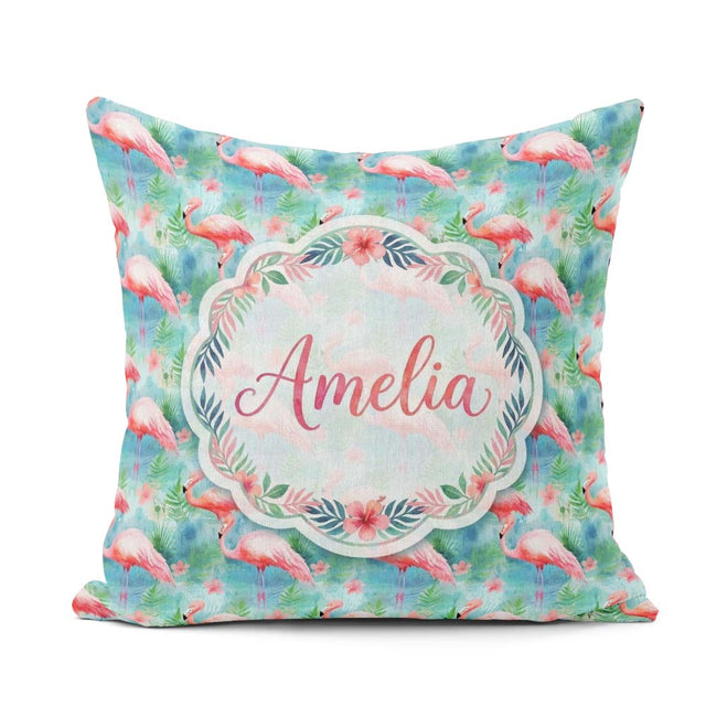 Custom Name Tropical Flamingo Jungle Watercolor Seamless Pattern Square Filled Cushion Throw Pillow Sofa Bed Home Decor Zip Washable UK Made
