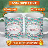 Personalized Custom Name Tropical Pink Flamingo Jungle Leaves Watercolor Seamless Pattern 11oz Ceramic Coffee Tea Mug White Large Handle