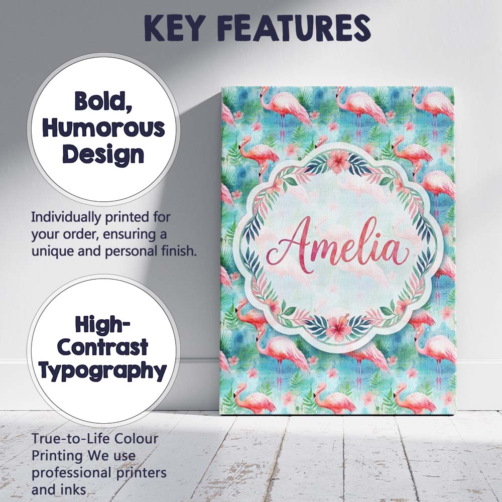 Personalised Name Tropical Pink Flamingo Custom  Unique Gift Idea Elegant Feature Canvas Wall Art Print Decor Picture Ready to Hang