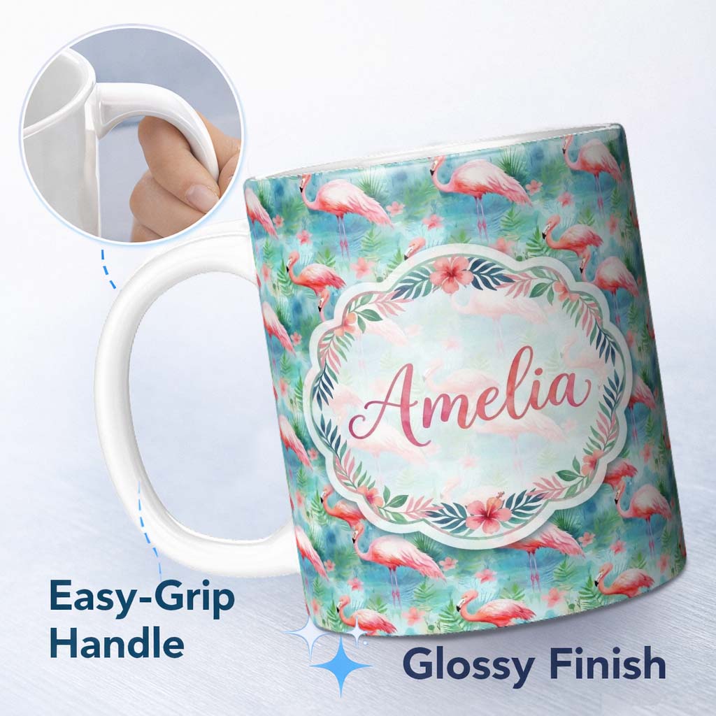 Personalized Custom Name Tropical Pink Flamingo Jungle Leaves Watercolor Seamless Pattern 11oz Ceramic Coffee Tea Mug White Large Handle