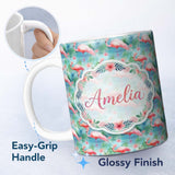 Personalized Custom Name Tropical Pink Flamingo Jungle Leaves Watercolor Seamless Pattern 11oz Ceramic Coffee Tea Mug White Large Handle