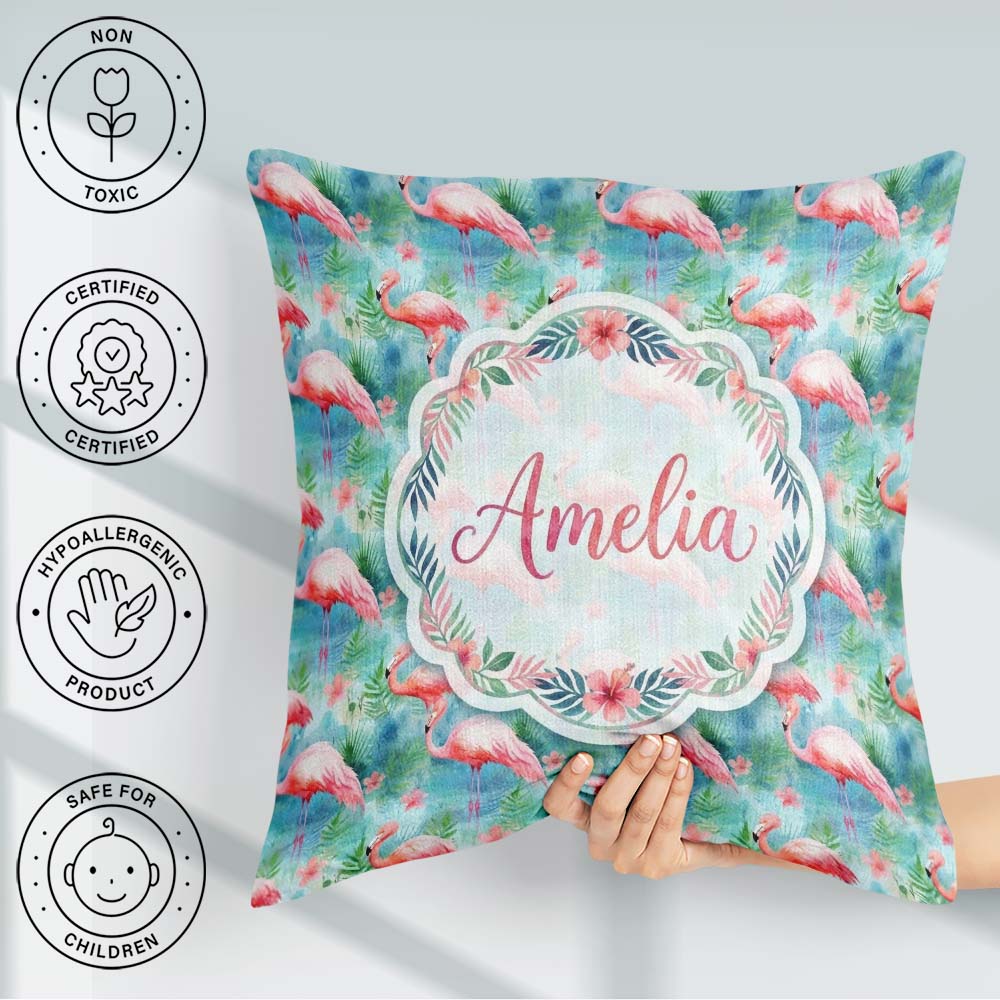 Custom Name Tropical Flamingo Jungle Watercolor Seamless Pattern Square Filled Cushion Throw Pillow Sofa Bed Home Decor Zip Washable UK Made
