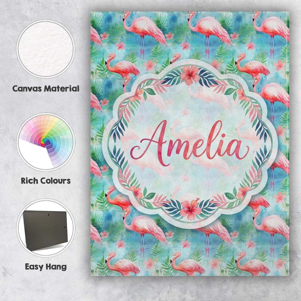Personalised Name Tropical Pink Flamingo Custom  Unique Gift Idea Elegant Feature Canvas Wall Art Print Decor Picture Ready to Hang