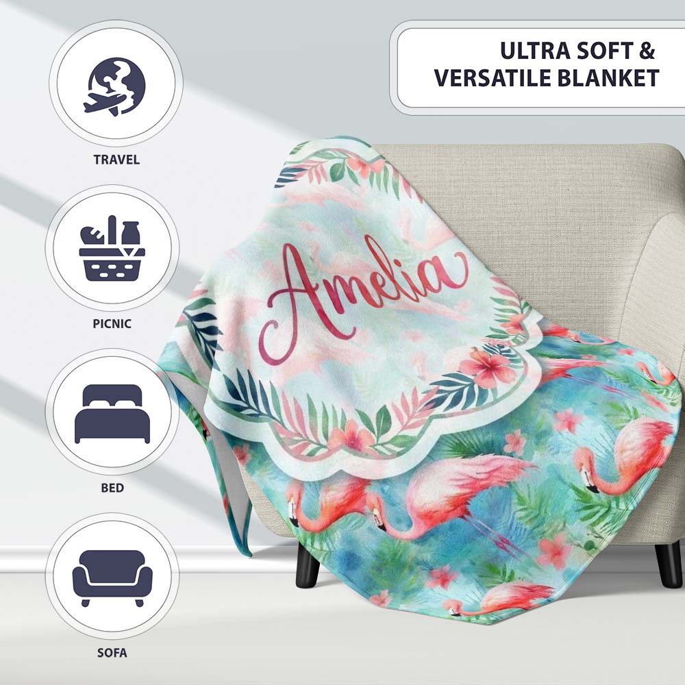 Tropical Pink Flamingo Jungle Leaves Watercolor Seamless Pattern  Personalised Custom Name Super Soft Fleece Blanket Bed Sofa Throw