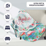 Tropical Pink Flamingo Jungle Leaves Watercolor Seamless Pattern  Personalised Custom Name Super Soft Fleece Blanket Bed Sofa Throw
