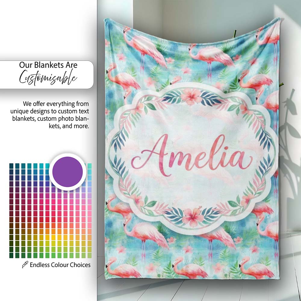 Tropical Pink Flamingo Jungle Leaves Watercolor Seamless Pattern  Personalised Custom Name Super Soft Fleece Blanket Bed Sofa Throw