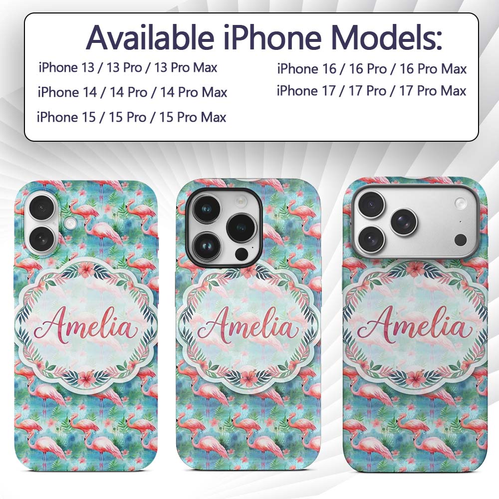 Tropical Pink Flamingo Jungle Leaves Watercolor Custom Name Protective Phone Case Mobile Cover Durable Everyday Smartphone Shock Resistant