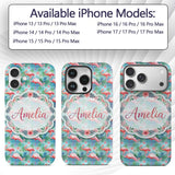 Tropical Pink Flamingo Jungle Leaves Watercolor Custom Name Protective Phone Case Mobile Cover Durable Everyday Smartphone Shock Resistant