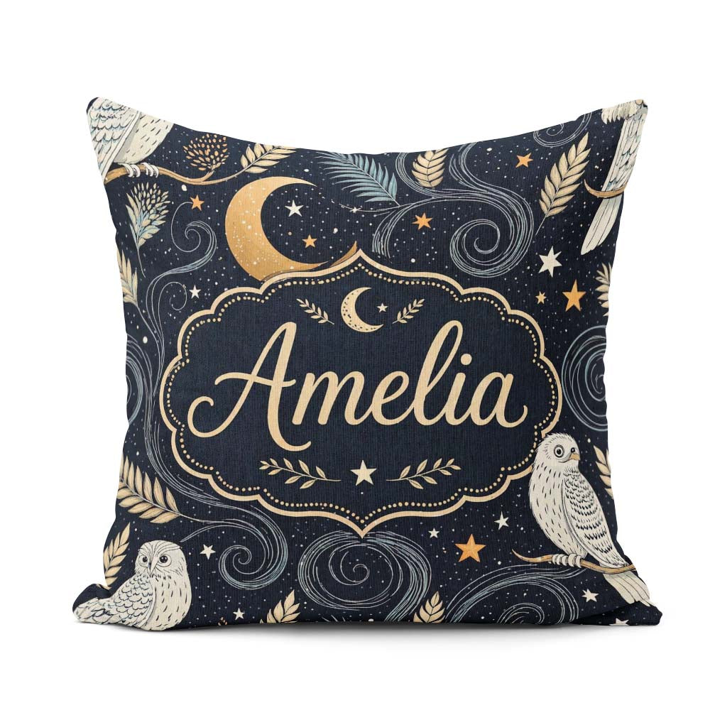 Custom Name Owl Moon Stars Night Sky Botanical Seamless Pattern Square Filled Cushion Throw Pillow Sofa Bed Home Decor Zip Washable UK Made