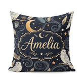 Custom Name Owl Moon Stars Night Sky Botanical Seamless Pattern Square Filled Cushion Throw Pillow Sofa Bed Home Decor Zip Washable UK Made