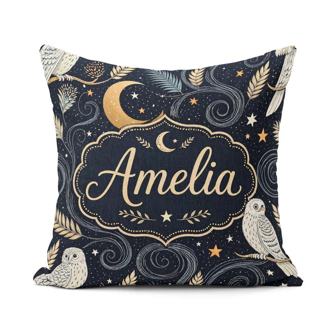Custom Name Owl Moon Stars Night Sky Botanical Seamless Pattern Square Filled Cushion Throw Pillow Sofa Bed Home Decor Zip Washable UK Made
