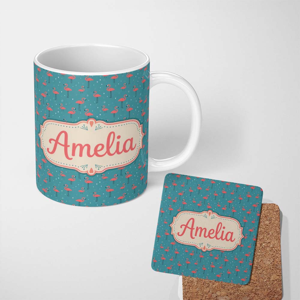 Personalized Custom Name Minimal Flamingo Birds Teal Background Cute Seamless Pattern Name 11oz Ceramic Coffee Tea Mug White Large Handle