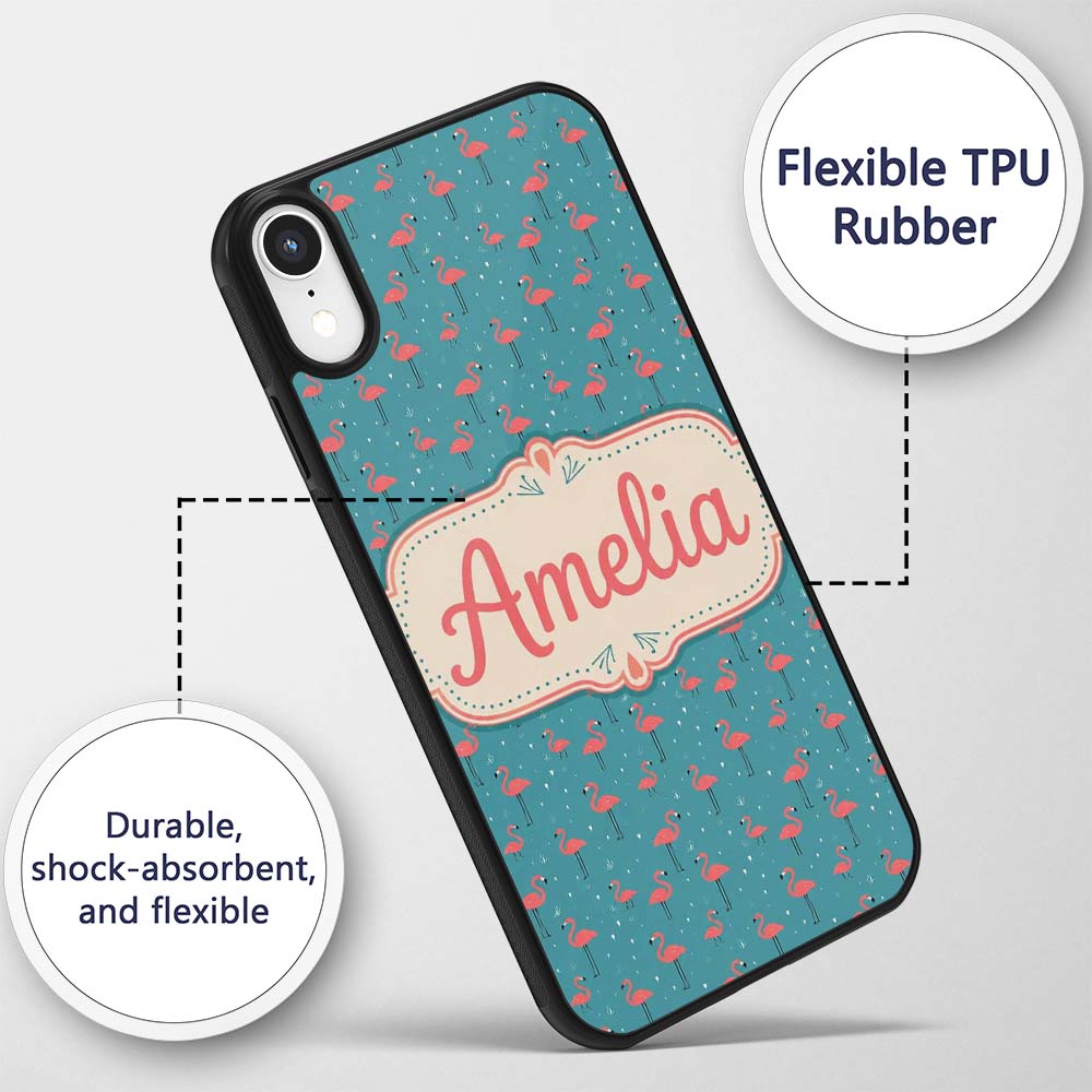 Minimal Flamingo Birds Teal Decorative Design Custom Name Protective Phone Case Mobile Cover Durable Everyday Smartphone Shock Resistant
