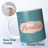 Personalized Custom Name Minimal Flamingo Birds Teal Background Cute Seamless Pattern Name 11oz Ceramic Coffee Tea Mug White Large Handle