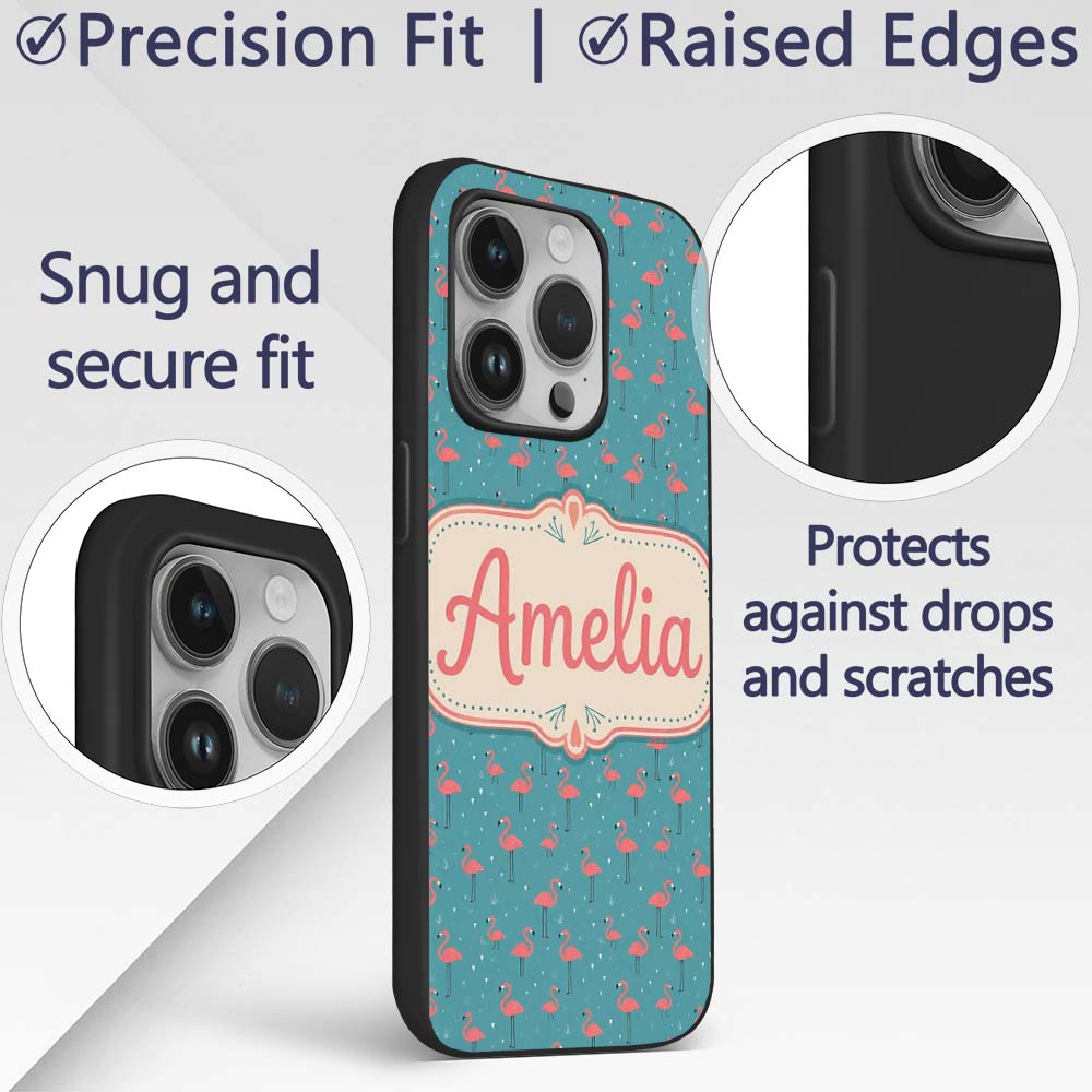 Minimal Flamingo Birds Teal Decorative Design Custom Name Protective Phone Case Mobile Cover Durable Everyday Smartphone Shock Resistant