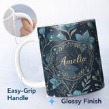Personalized Custom Name Crystal Moon Starry Sky Botanical Elements Seamless Pattern Lovely 11oz Ceramic Coffee Tea Mug White Large Handle