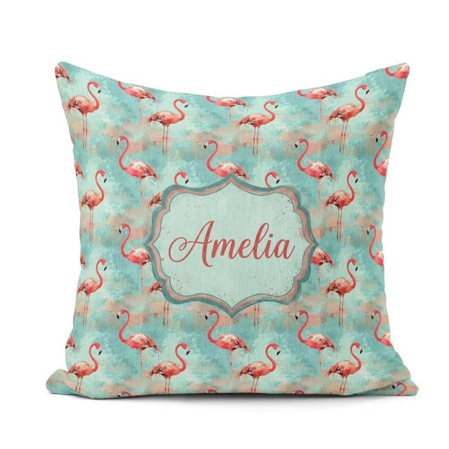 Custom Name Artistic Flamingo Splash Background Seamless Pattern Square Filled Cushion Throw Pillow Sofa Bed Home Decor Zip Washable UK Made
