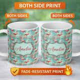 Personalized Custom Name Artistic Flamingo Birds Paint Splash Background Seamless Pattern 11oz Ceramic Coffee Tea Mug White Large Handle