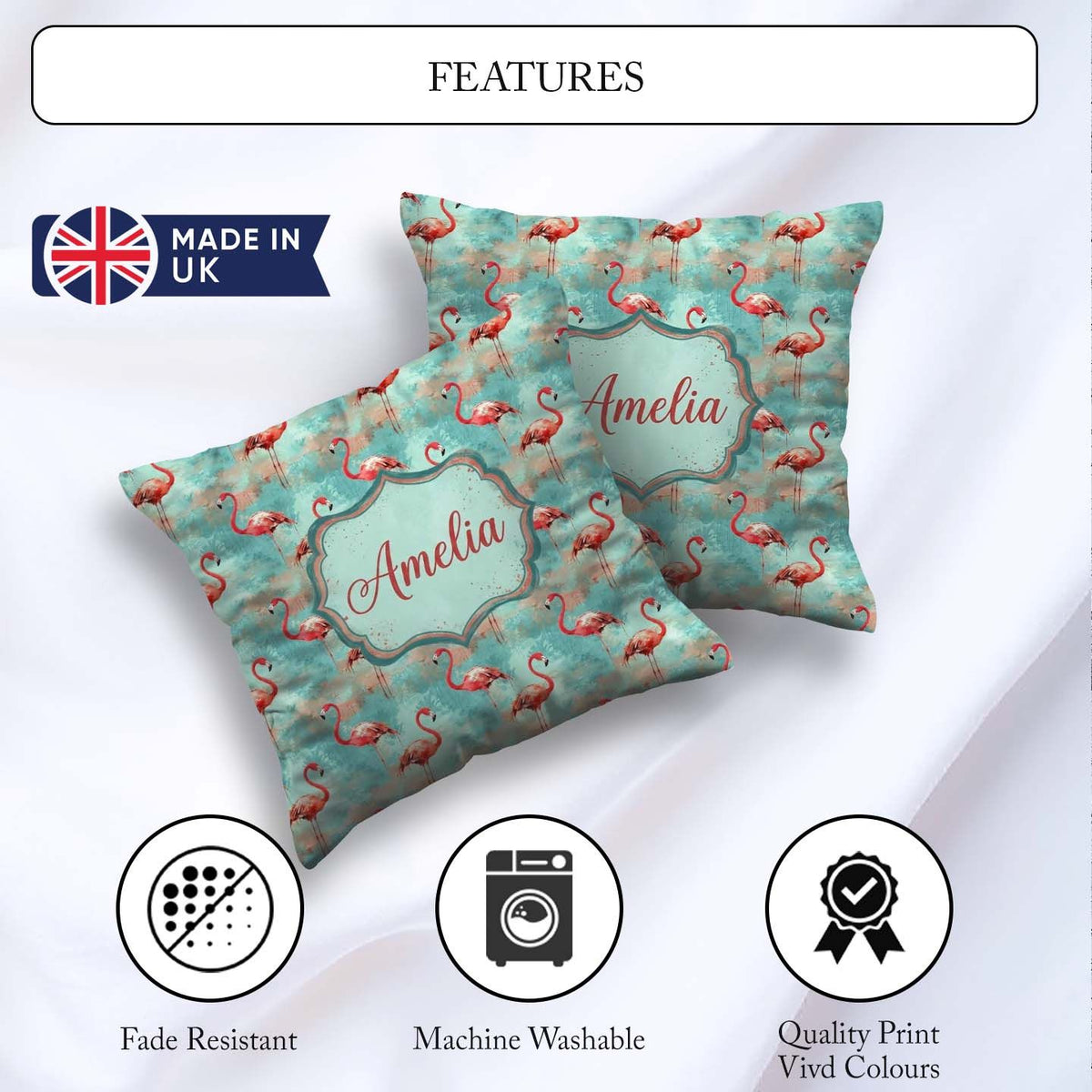 Custom Name Artistic Flamingo Splash Background Seamless Pattern Square Filled Cushion Throw Pillow Sofa Bed Home Decor Zip Washable UK Made