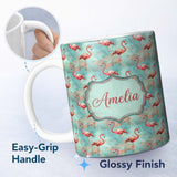 Personalized Custom Name Artistic Flamingo Birds Paint Splash Background Seamless Pattern 11oz Ceramic Coffee Tea Mug White Large Handle