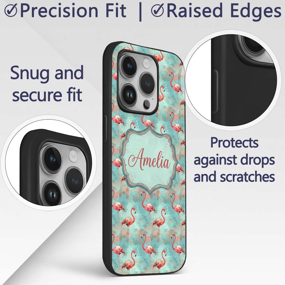 Artistic Flamingo Birds Paint Splash Background Custom Name Protective Phone Case Mobile Cover Durable Everyday Smartphone Shock Resistant