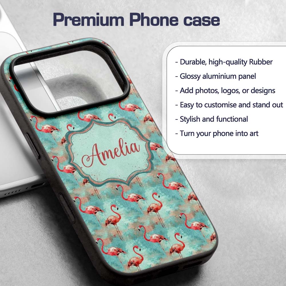 Artistic Flamingo Birds Paint Splash Background Custom Name Protective Phone Case Mobile Cover Durable Everyday Smartphone Shock Resistant