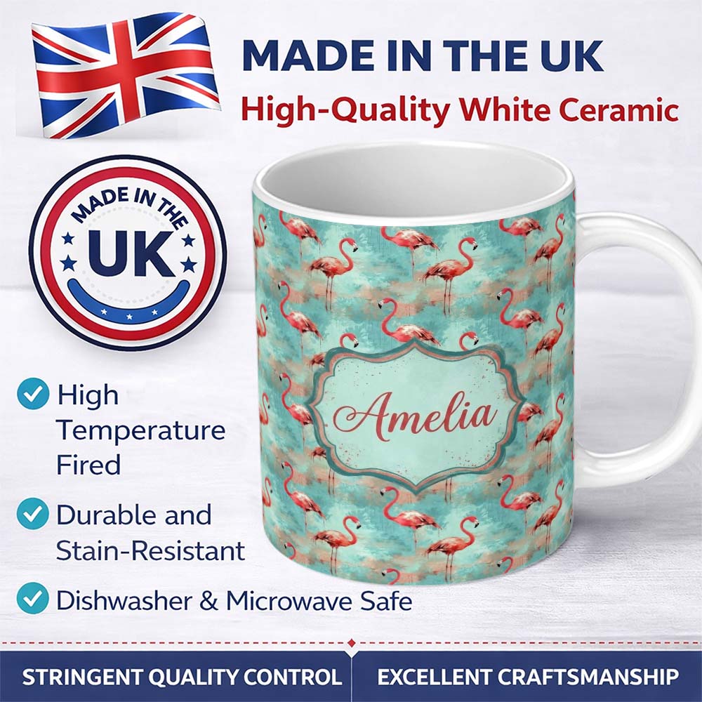 Personalized Custom Name Artistic Flamingo Birds Paint Splash Background Seamless Pattern 11oz Ceramic Coffee Tea Mug White Large Handle