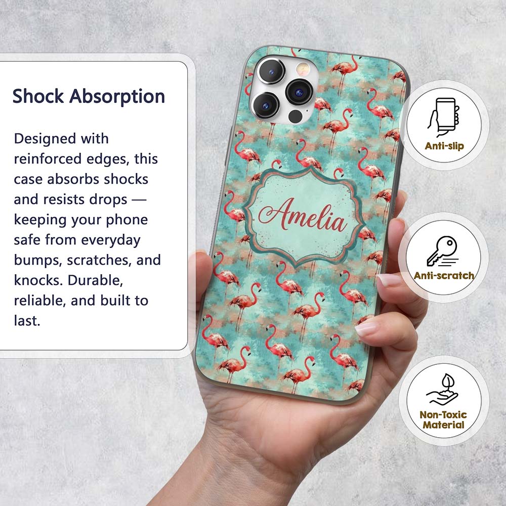 Artistic Flamingo Birds Paint Splash Background Custom Name Protective Phone Case Mobile Cover Durable Everyday Smartphone Shock Resistant