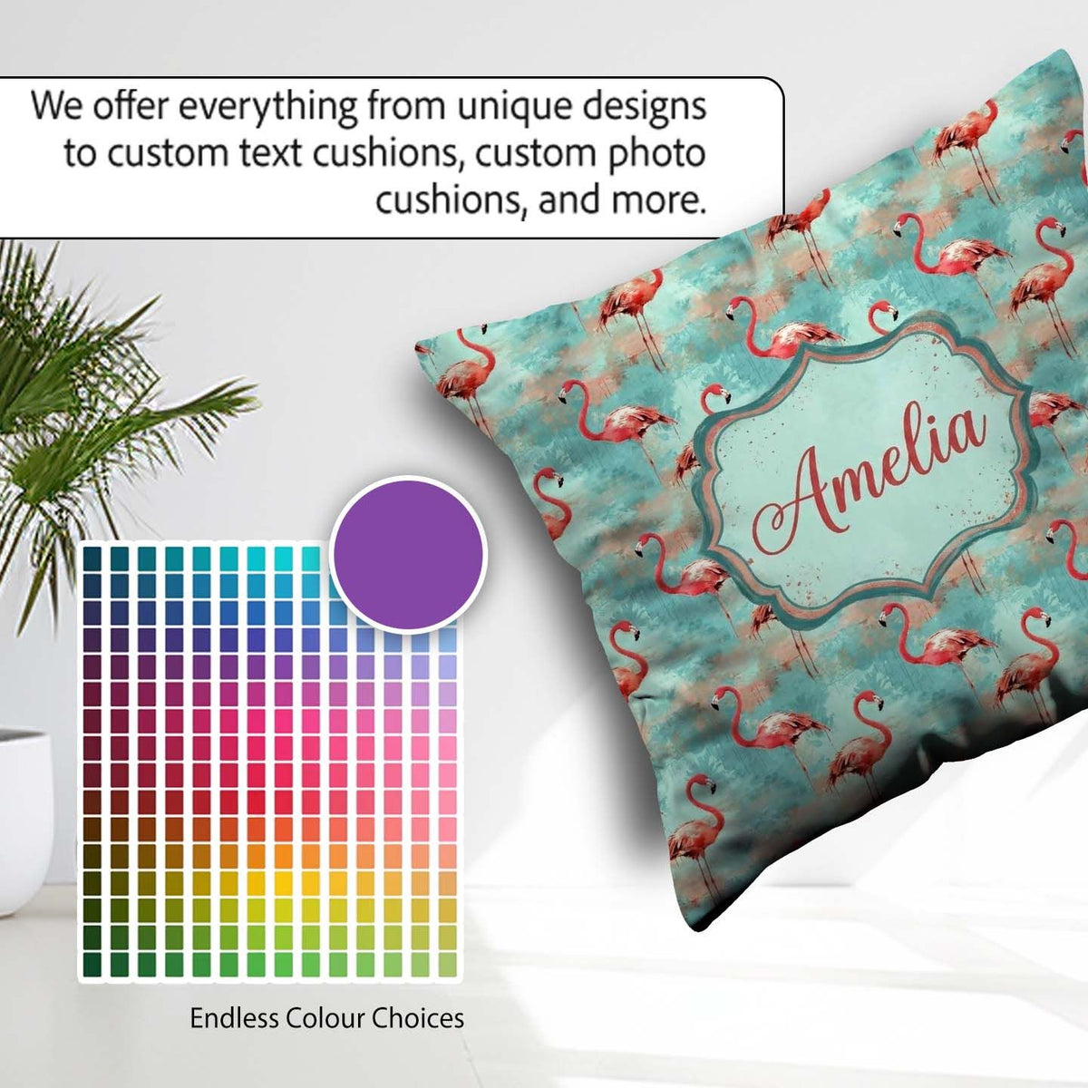 Custom Name Artistic Flamingo Splash Background Seamless Pattern Square Filled Cushion Throw Pillow Sofa Bed Home Decor Zip Washable UK Made