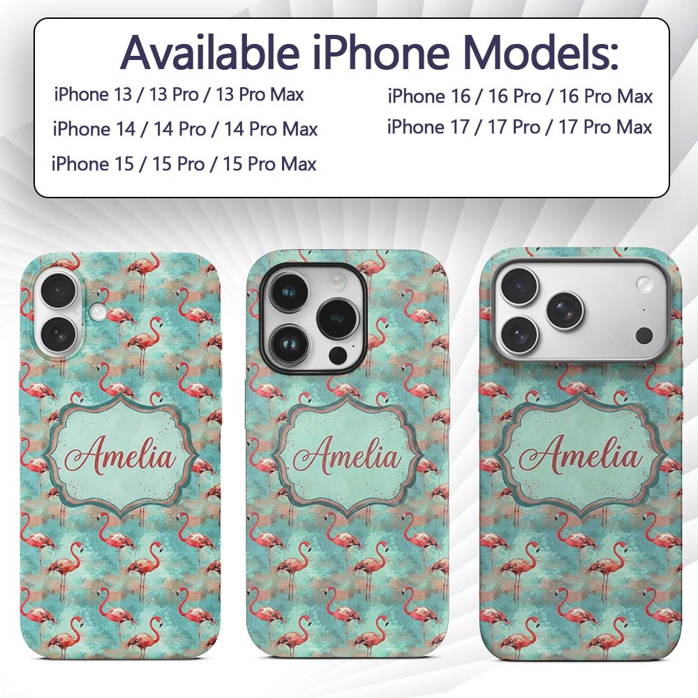 Artistic Flamingo Birds Paint Splash Background Custom Name Protective Phone Case Mobile Cover Durable Everyday Smartphone Shock Resistant