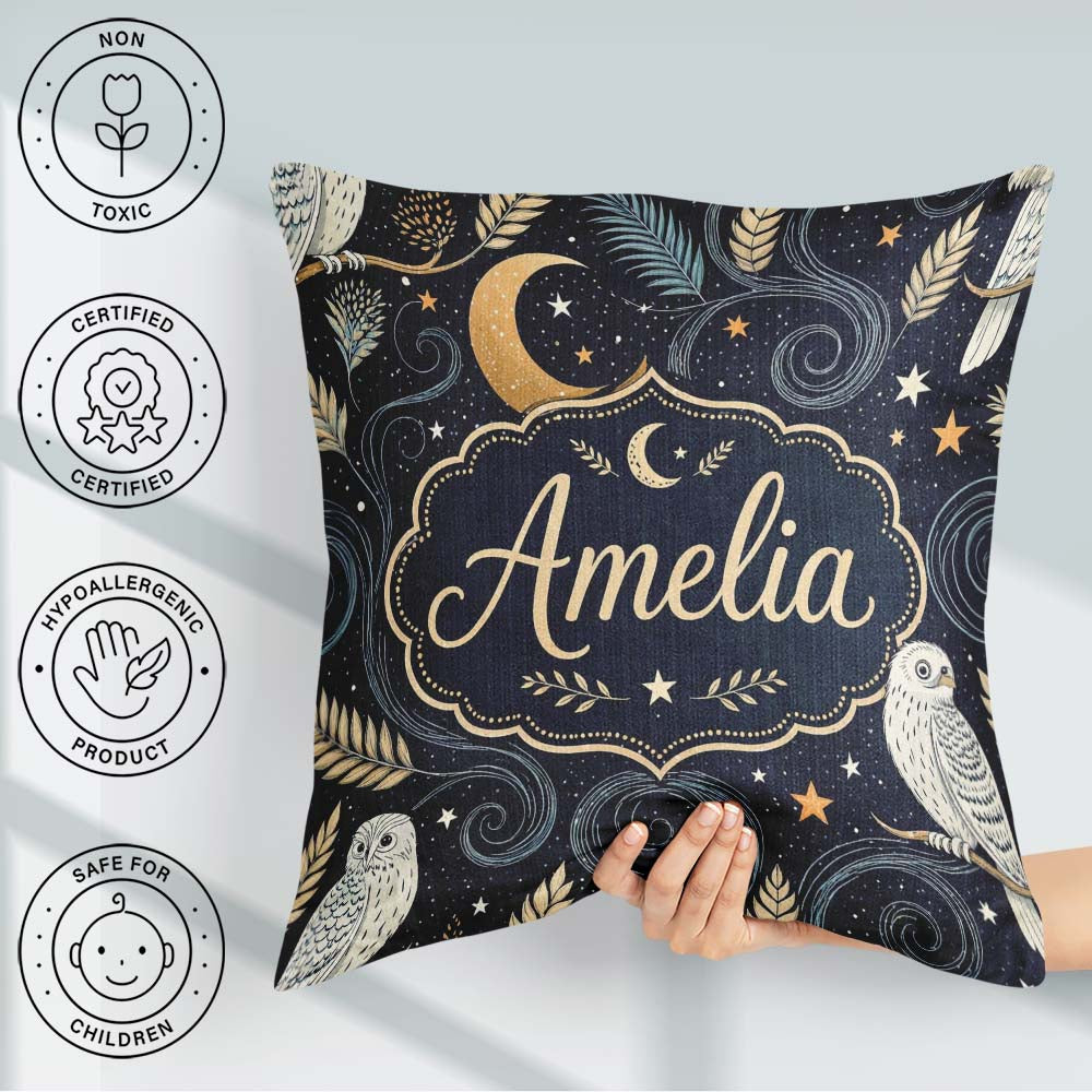 Custom Name Owl Moon Stars Night Sky Botanical Seamless Pattern Square Filled Cushion Throw Pillow Sofa Bed Home Decor Zip Washable UK Made